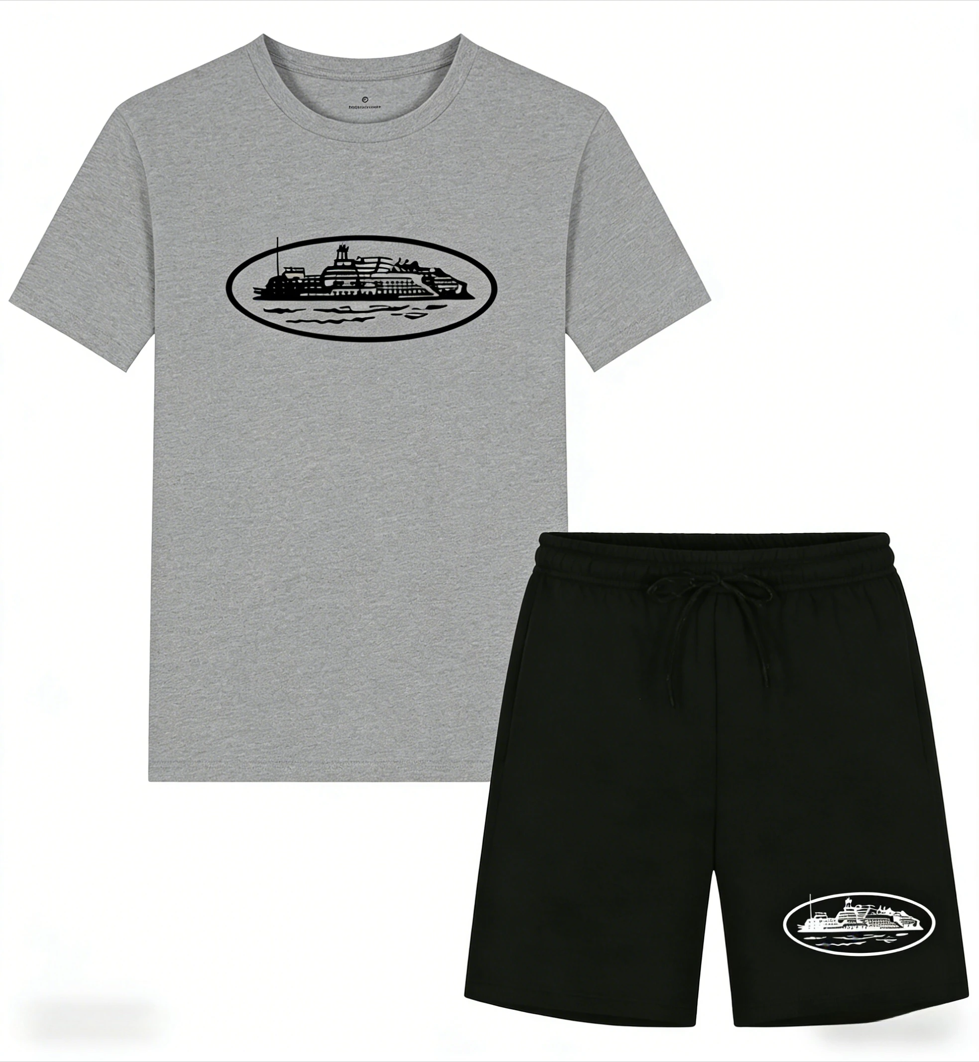 2026 Summer New Small Boat Printed two-piece T-shirt and shorts Loose Round Neck Breathable Half Sleeve Casual Fashion Brand