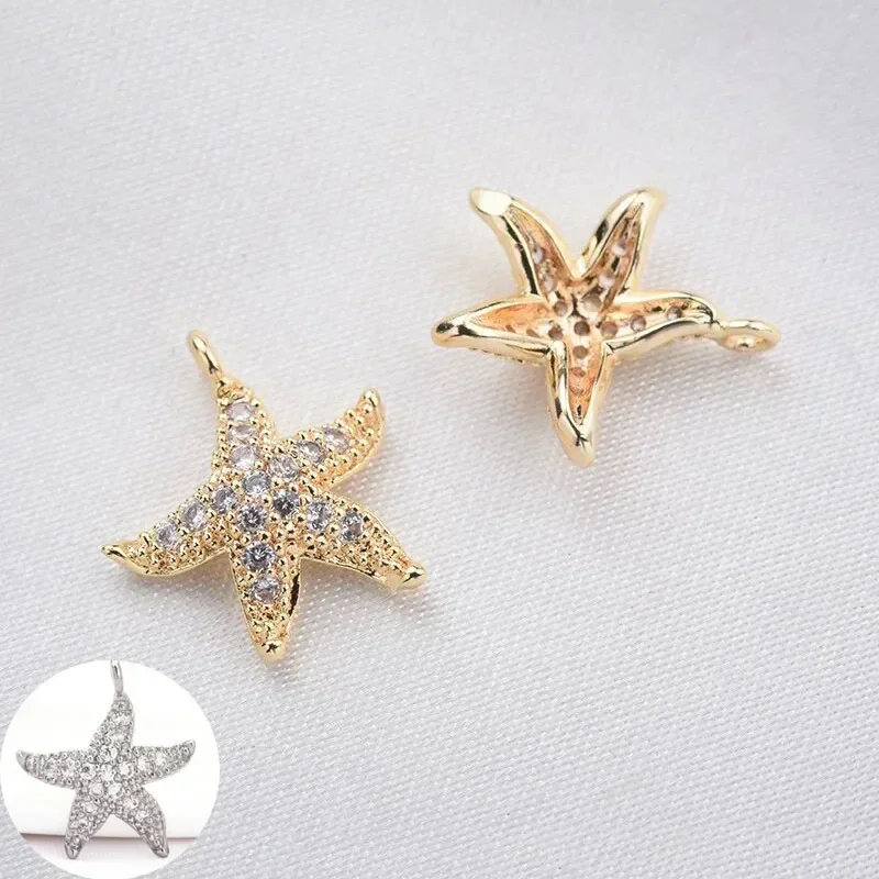 (1424) 4PCS 14x13MM 24K Gold Color Brass and Zircon Starfish Charms Pendants High Quality Diy Jewelry Findings Accessorie