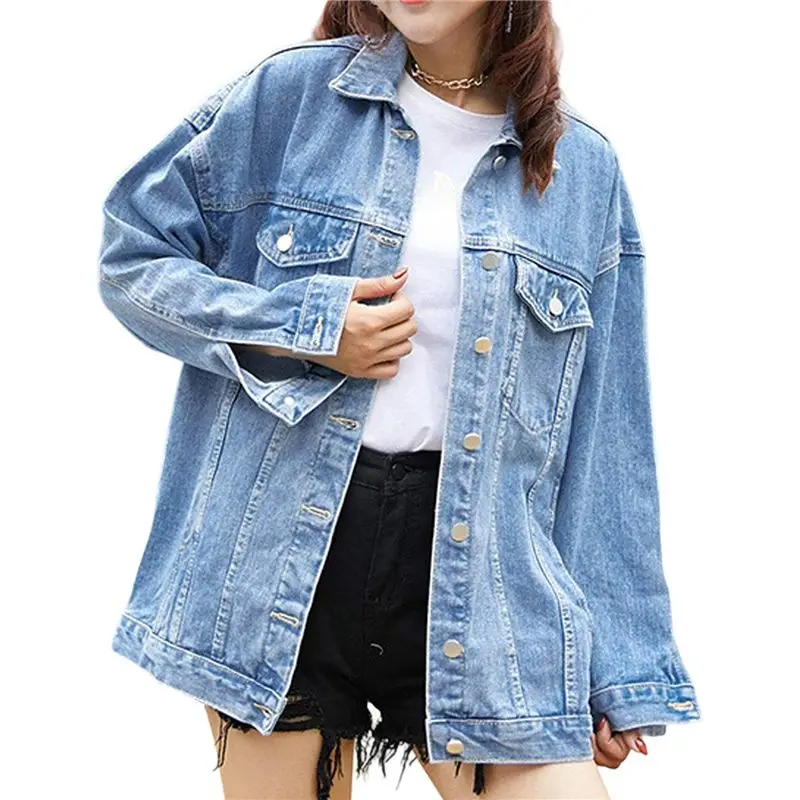 TKOH-Veste en jean mi-longue surdimensionnée pour femme, manteau de motard en jean