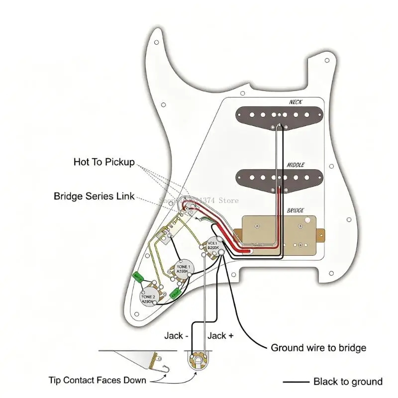 Guitar Pickup Wiring Set on Guard Plate with HSS Layout for Repair and Instrument Upgrade Project Planning Tasks