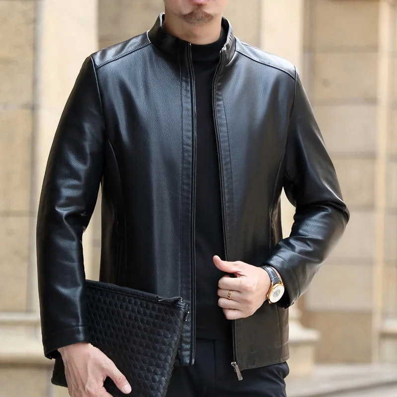 Veste en cuir de vachette pour hommes d'âge moyen, col montant, affaires décontractées, document solide, grande taille, veste en cuir épais, nouveau, 2023