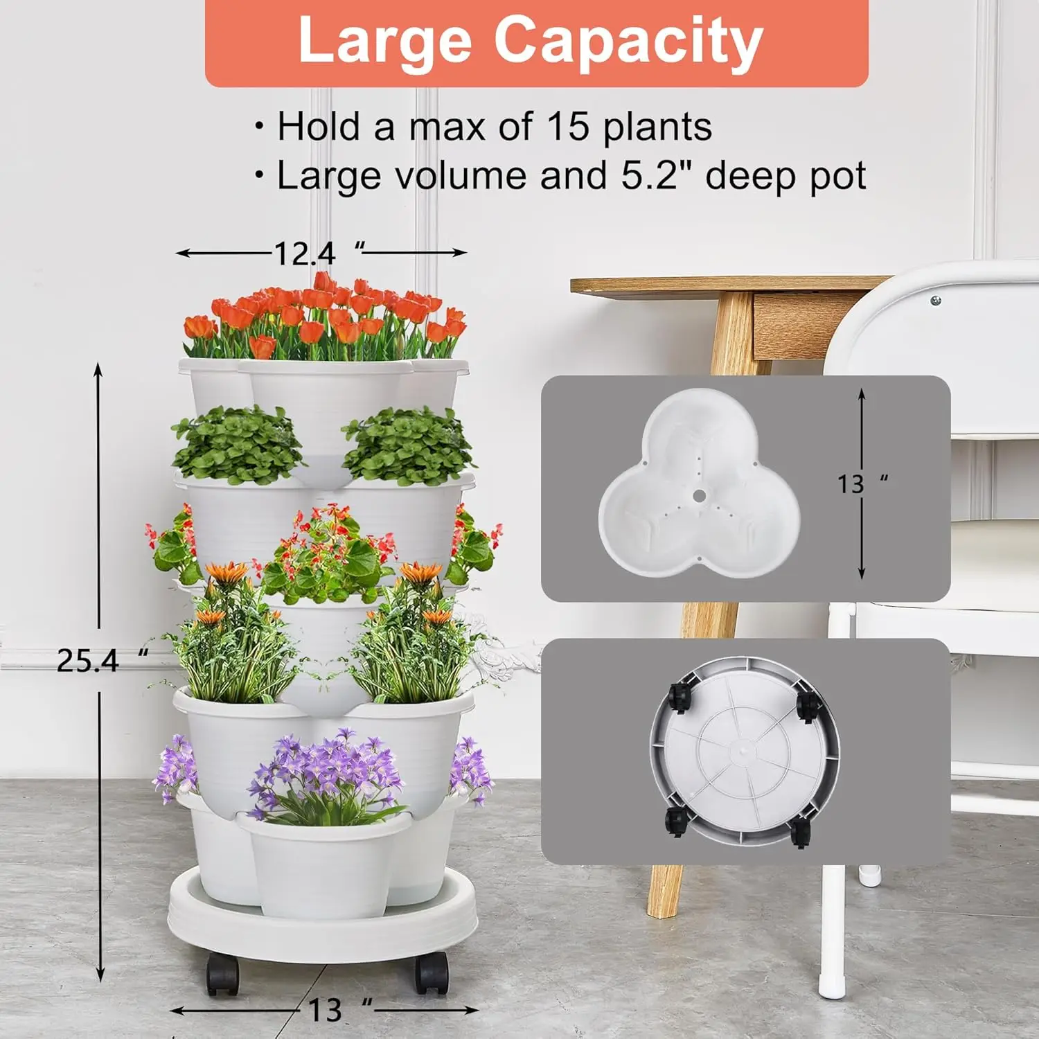 5 Tier Vertical Garden Planter, Self Watering Stackable Planters with Wheels for Strawberries, Herbs, Flowers, Vegetables,White