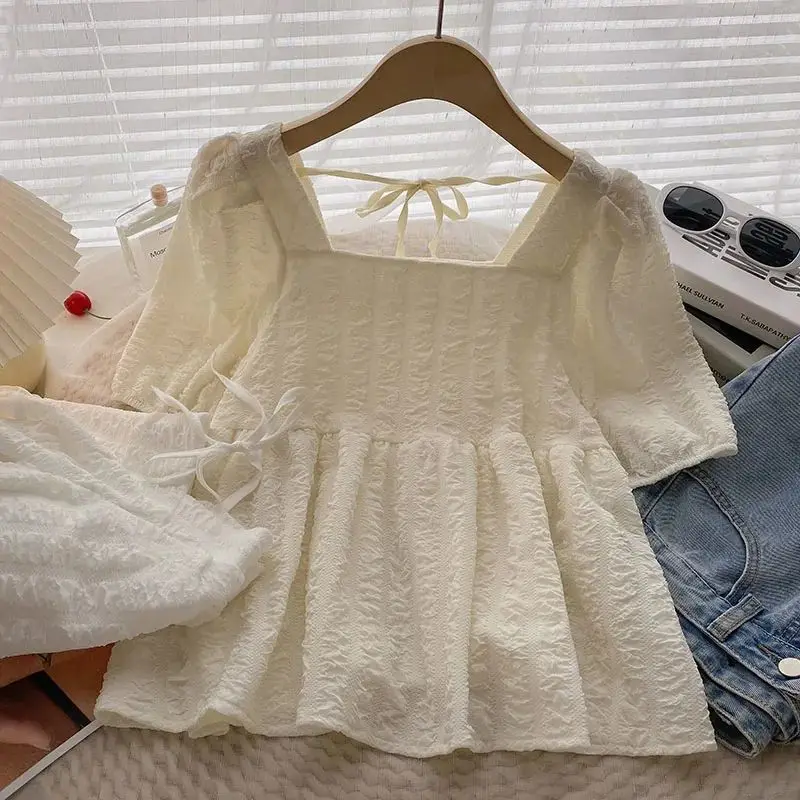 

Temperament Square Neck Short Sleeved Apricot Shirt Women Summer 2026 New Slimming Solid Color Pullover Blouse