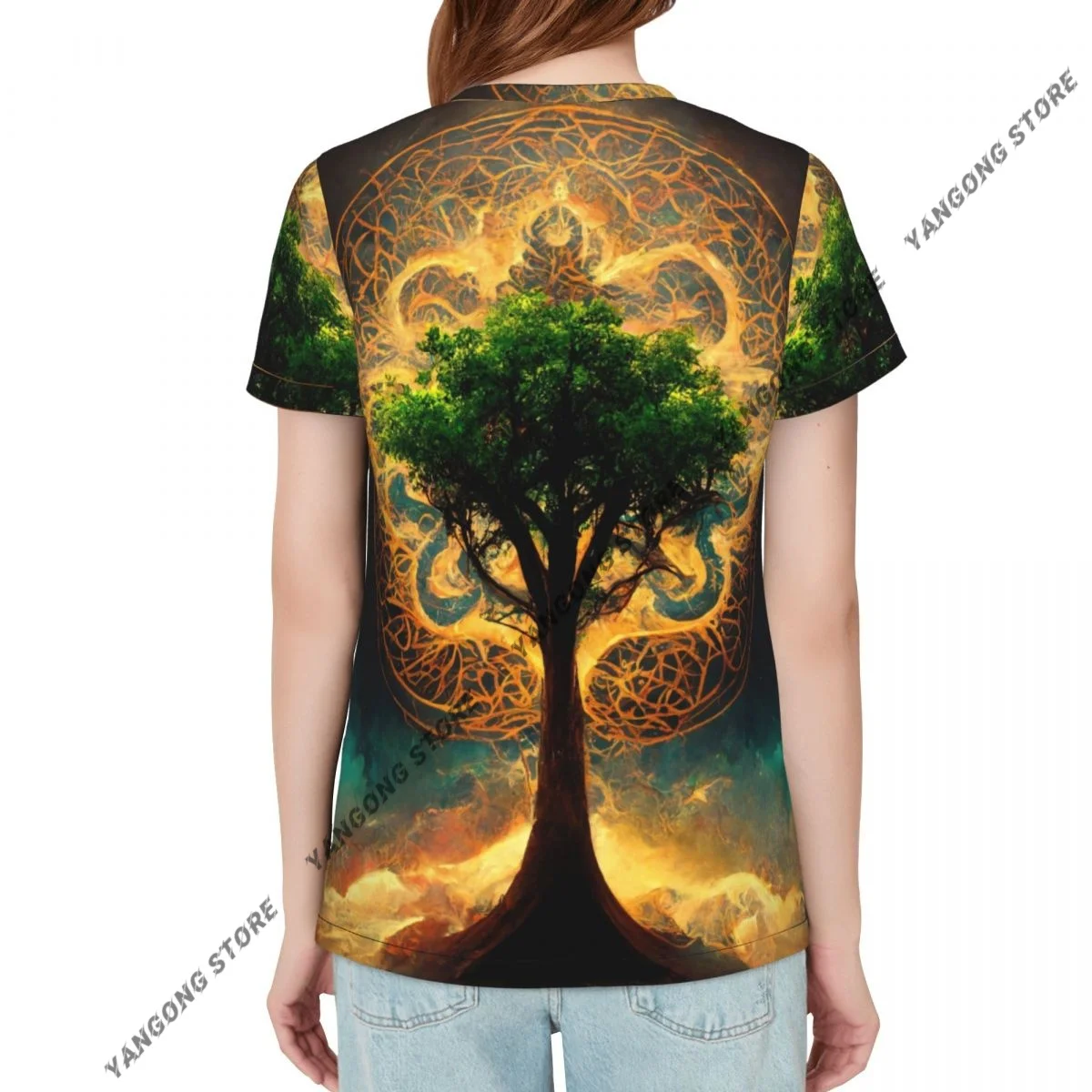 Women Short Sleeve Top Celtic Tree With Magic Cosmic T-shirt Fashion Summer Female Tops Loose Round Neck T Shirt