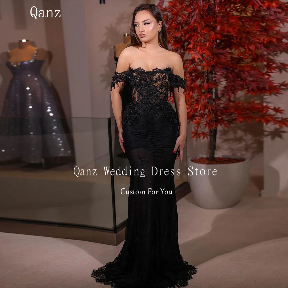 

Qanz Chic Lace Appliques Evening Dresses Off the Shoulder Mermaid Black Vestidos De Celebridades Transparent Sexy Party Dress