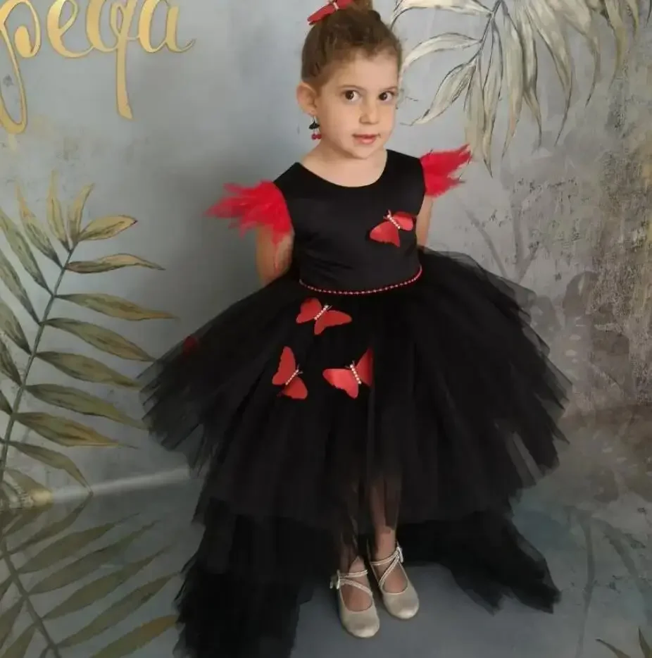 Flower Girls Dress Cute Black Red Butterfly Appliqué with Butterflies Toddler Frock Long Tail Kid Birthday Party First Communion