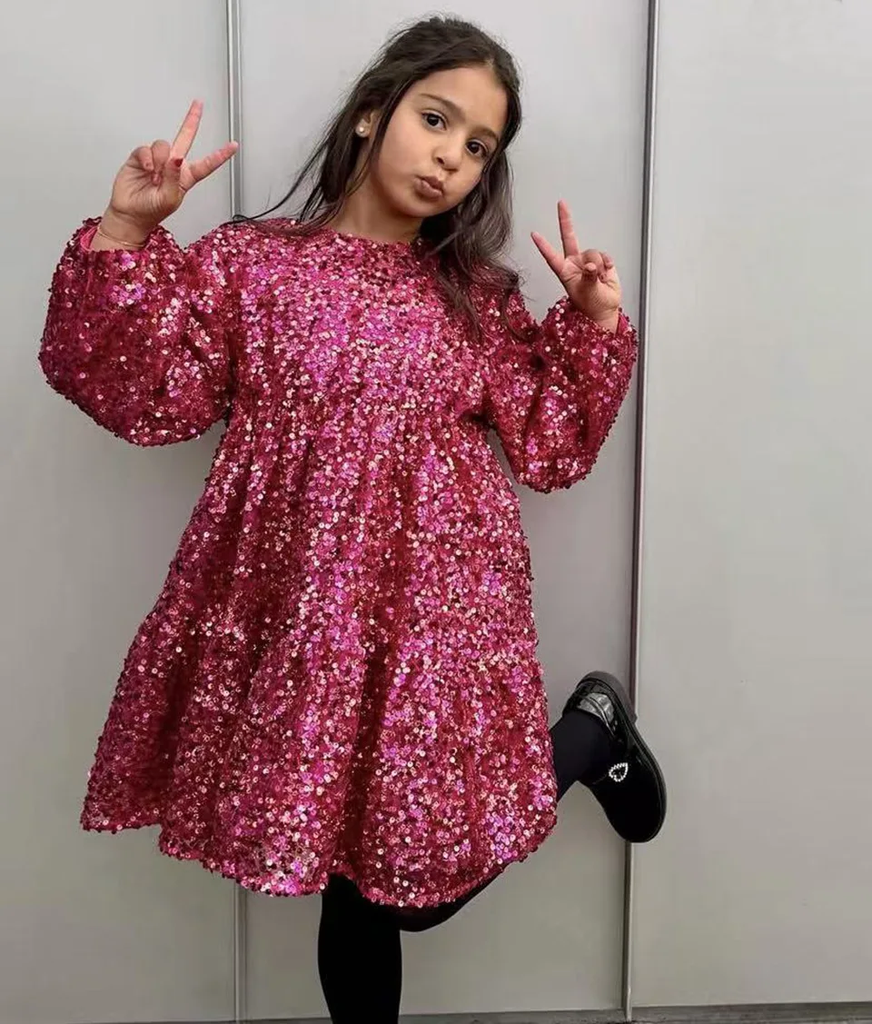 2025 KS طفل الفتيات الترتر فساتين الأميرة الكرز جاكيتات الاطفال ملابس عقدة شعر للفتيات فستان الأطفال حفلة عيد الميلاد Vestidos