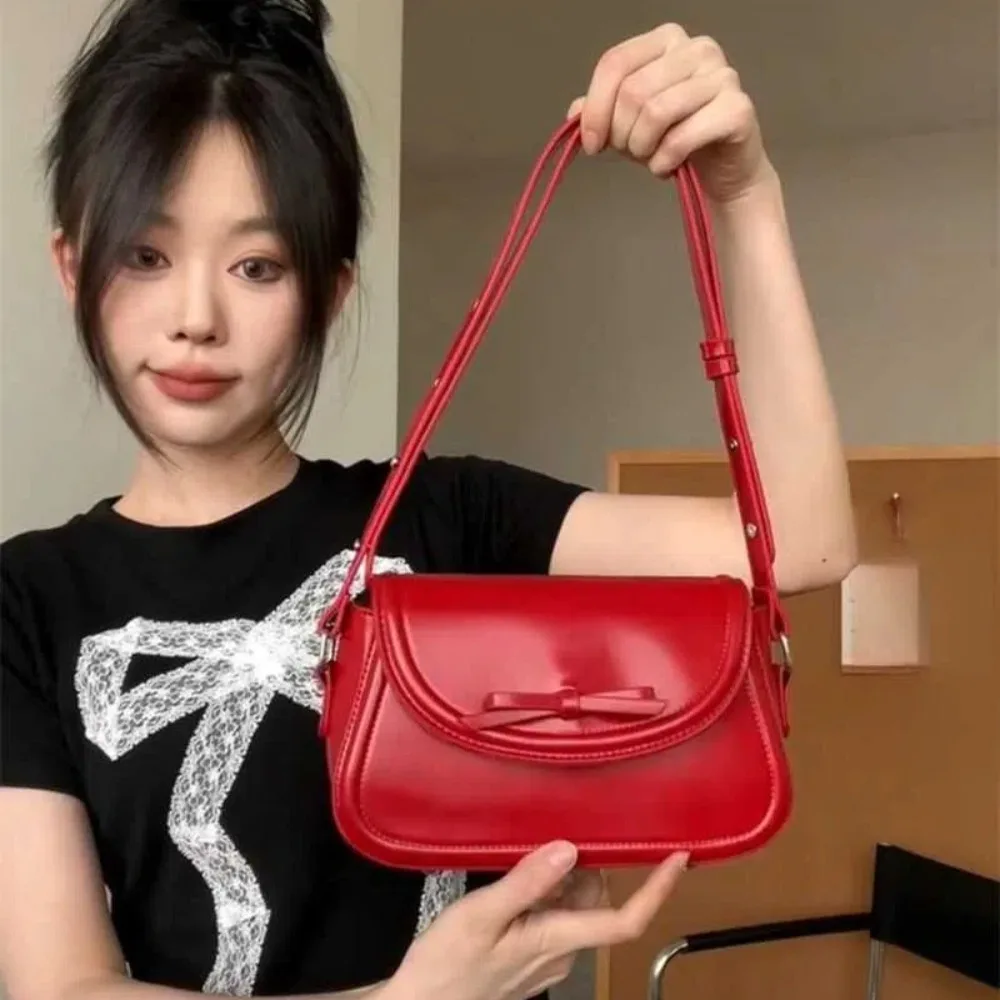 

New Bow Design Underarm Bag PU Leather Solid Color Small Square Bag Y2K Shoulder Bags Ladies