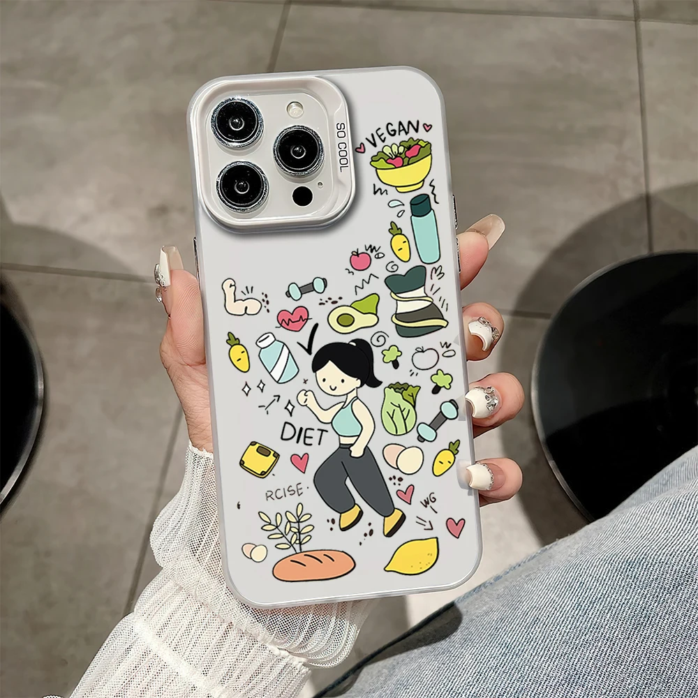 Cartoon Self Disciplined Girl Sports Cute Yoga Phone Case for iPhone 16 12 13 14 15 11 Max Pro Plus Laser IMD Color Shell