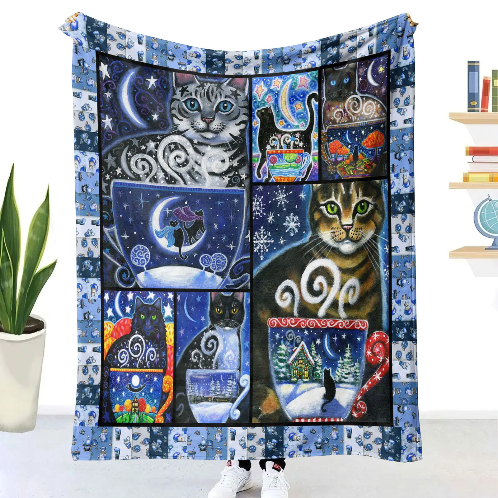 VIKAMA cartoon cat print blanket, cute children's nap blanket, air conditioning blanket, soft and skin-friendly, camping blanket