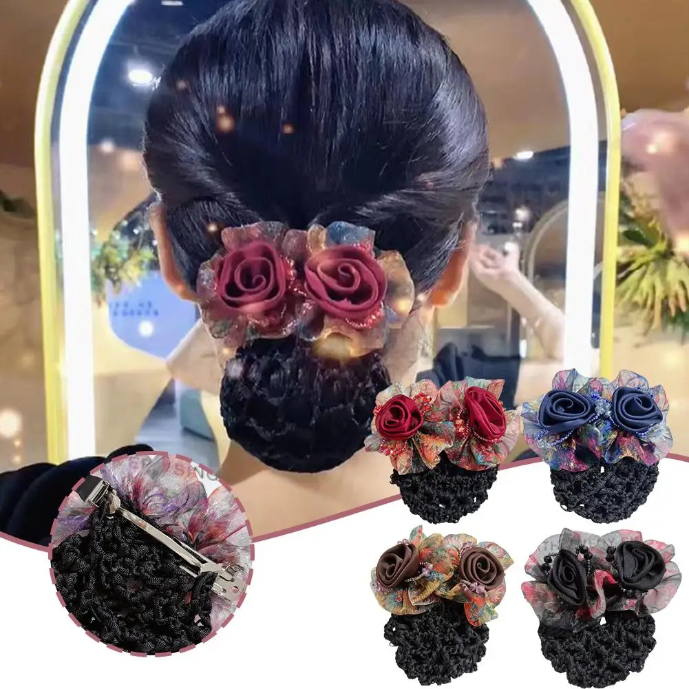 Elegant Mesh Flower Crystal Bun Snood Spring Clip For Women Nurse Flight Attendant Hair Clip Hairnet Cover Hairpins Girl Bu S8T2