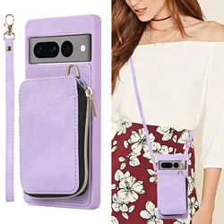 Zipper Crossbody portfel skórzany naszyjnik smycz karty Solt Case dla Google Pixel 7 Pro 7A 6A torba moneta torebka pasek na rękę okładka