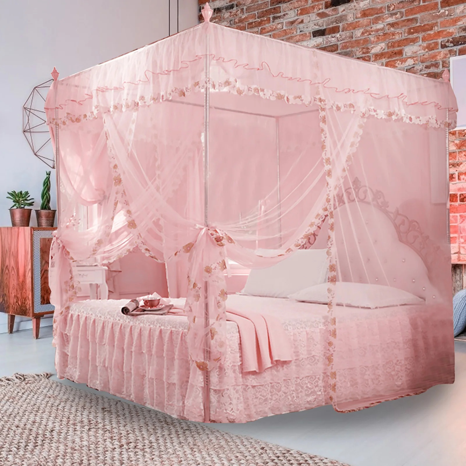 Bed Curtain Mosquito Net Luxury Princess 3 Side Openings Post Bed Curtain Canopy Netting Mosquito Net Bedding Mosquito Netting
