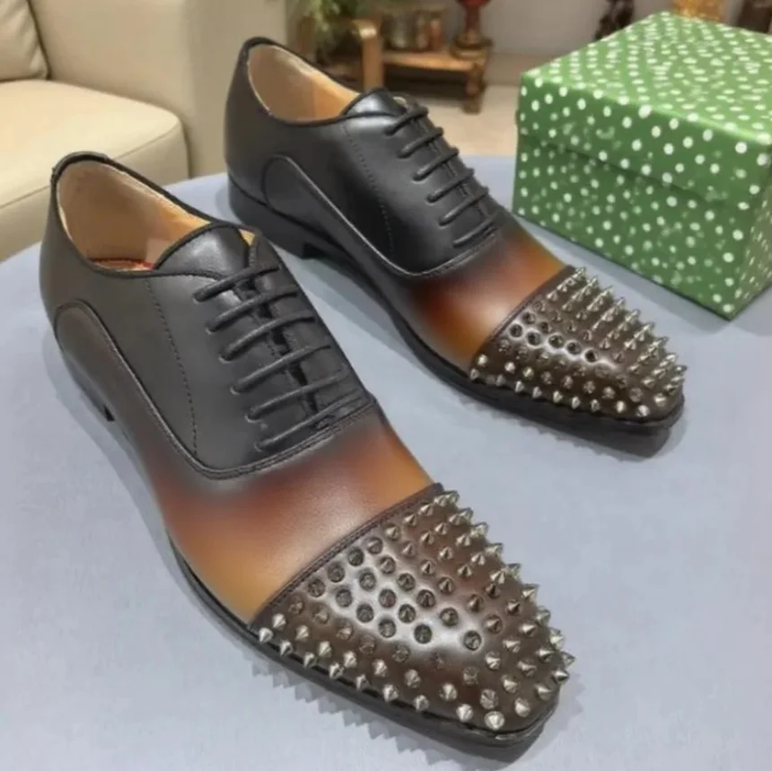 

Men's Rivet Leather Dress Shoes Black Splicing Square Toe Cross Tied Loafers Male Casual Low Heel Business Office Single Shoes
