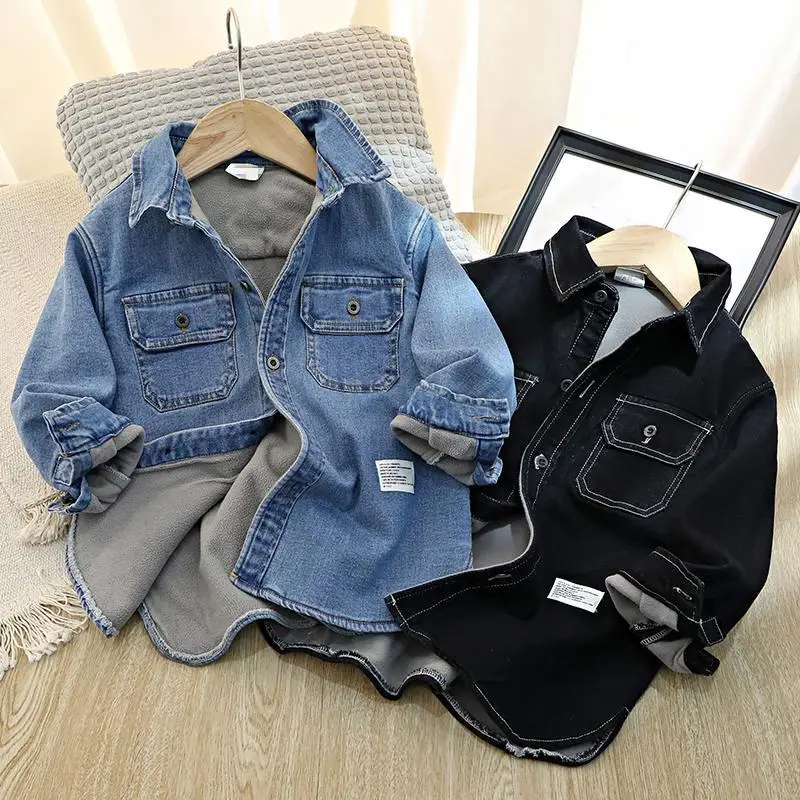 

Soft Glutinous Thickened ~ Autumn and Winter Boys' Denim Velvet Padded Shirt Children's Bottoming Long-Sleeved Shirt Warm Coat