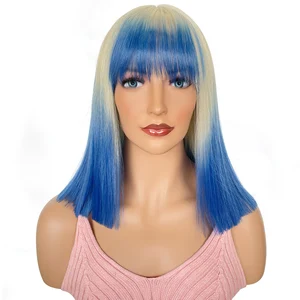 BCHR короткие синие парики для женщин натуральные волосы Синтетический прямой парик с челкой