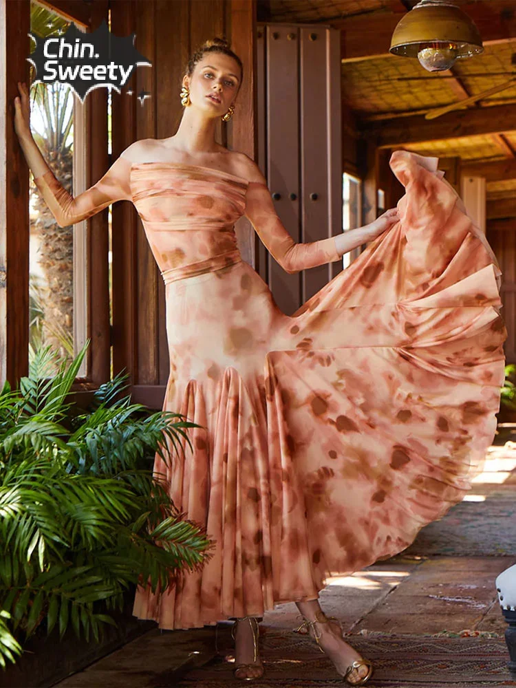 

Elegant Tie Dye Printed Ruffles Pleated Hem Skirt Set Women Sexy Backless Off Shoulder Full Sleeves Skirts Suit Lady Party Suits