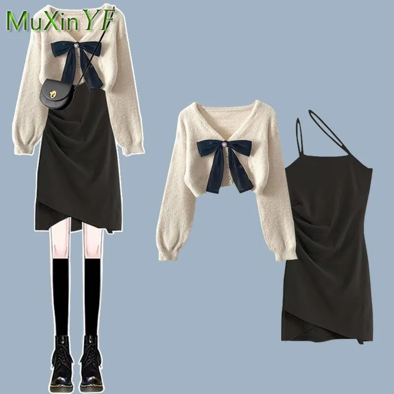 2024 Women\'s Autumn/Winter New Fashion Knitted Sweater Dress Matching Set Korean Elegant Bow Cardigan Strap Skirt Two Piece Suit