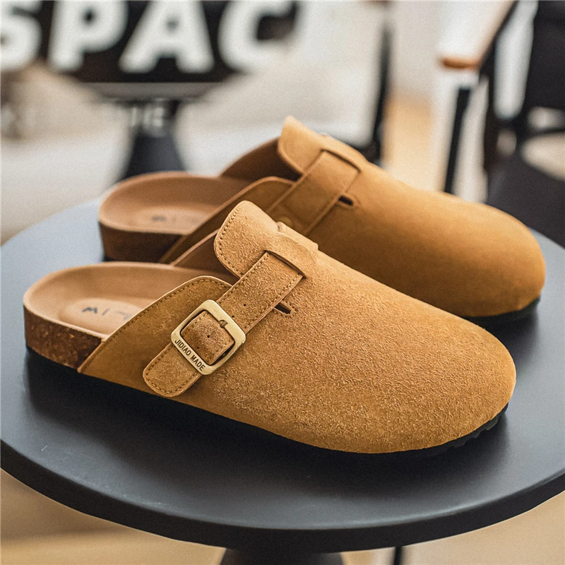 

Classic Khaki Men's Casual Shoes Comfortable Suede Leather Shoes Men Half Shoes Buckle Design Slip-on Shoes zapatos para hombre