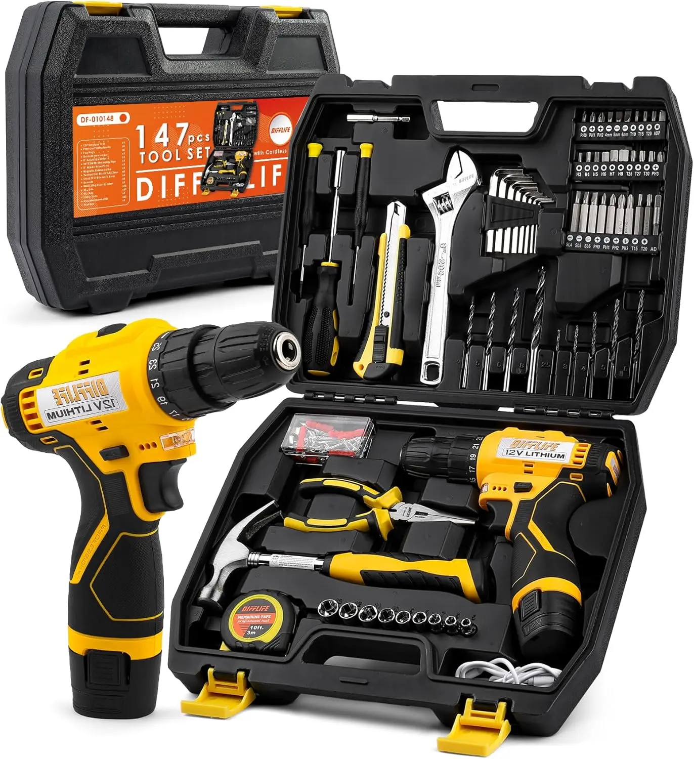 

12V Cordless Drill Driver Combo Kit, Professional DIY Tool Set for Home, Garden, Office Repair - Yellow