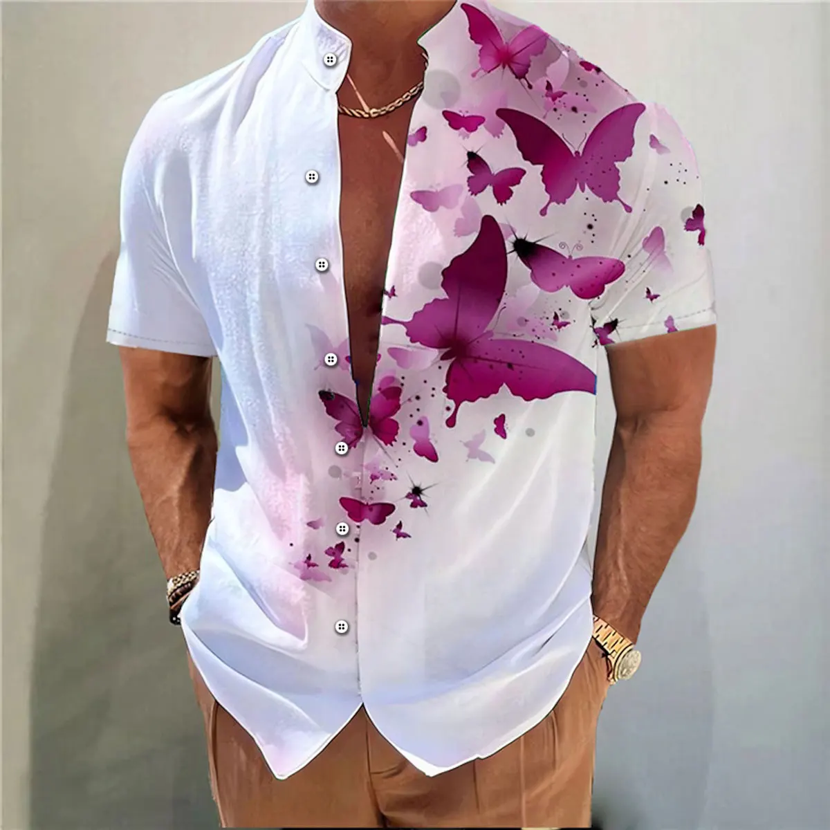 2025 Men's Shirt Butterfly Pattern 3D Printing Stand Collar Multi-color Outdoor Street Short Sleeve Hawaiian Muslim Men Clothing