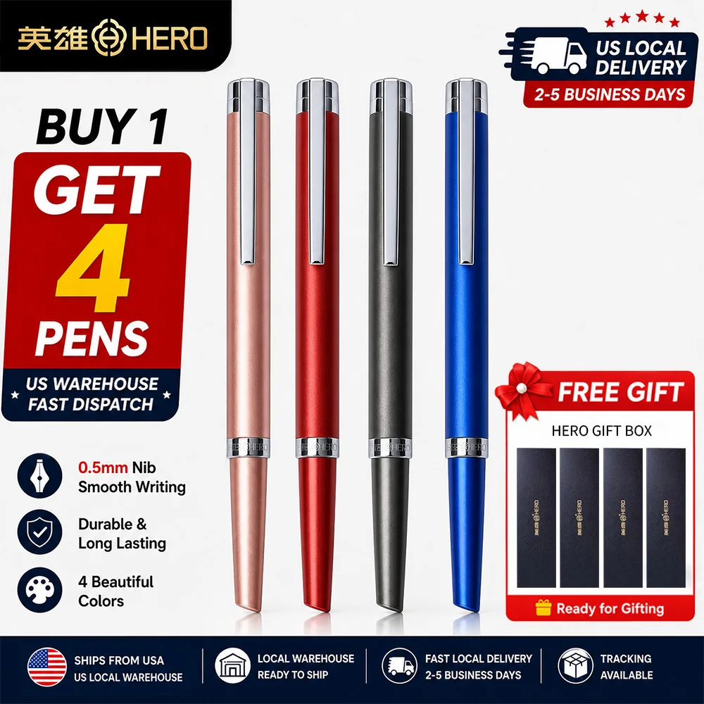 Local Warehouse Stock Same Day Fast Dispatch Hero 8203 All Metal Iridium Fountain Pen 0.5mm Standard F Nib Smooth Writing Rotary Ink Converter & Disposable Ink Cartridge Dual Use Design 4 Kinds Of Matte Color Luxury Gift Box Packaged Ideal For Student