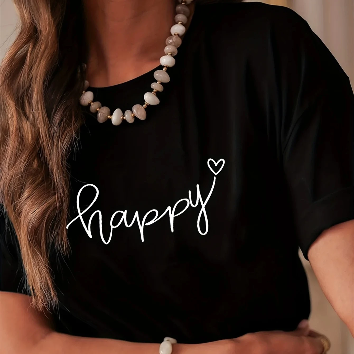 Ladies' Fashion HAPPY Text Printed T-Shirt Casual Style Suitable for All Seasons Ideal for Daily Outings and Holiday Gatherings
