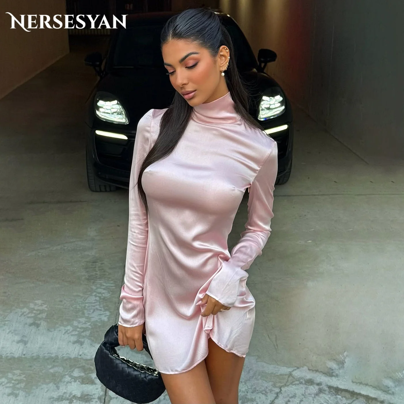 

Nersesyan Румяно-розовые блестящие платья для выпускного вечера с высоким воротом из атласа с длинными рукавами Мини-платье для гостей Вечерние платья для дня рождения по индивидуальному заказу