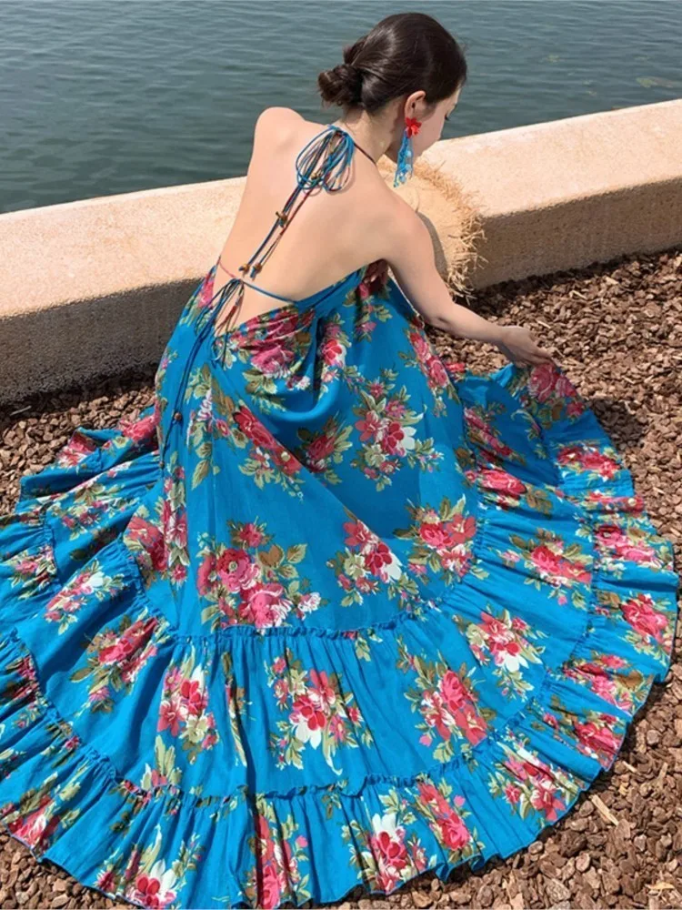 

Womens French Halter Print Flower Beach Vacation Dress Sexy Backless V-Neck Slim Evening Dresses Female Loose Fit Clothes Summer