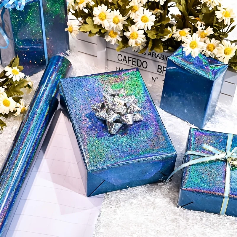 Blaues Farbverlauf-Stern-Geschenkpapier, Holografischer Stern. Für Geburtstage, Abschlussfeiern, Hochzeiten, Babypartys und Themenpartys – Detail 3