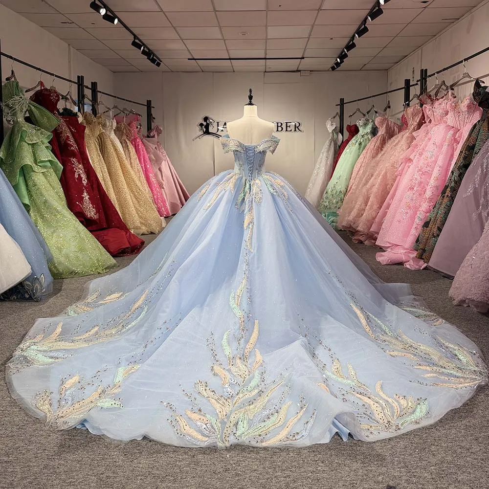 Light Blue Quinceanera Dress Ball Gown Off Shoulder Beaded Corset Appliques Sequin Tulle Sweet 15 Vestido de Quinceanera