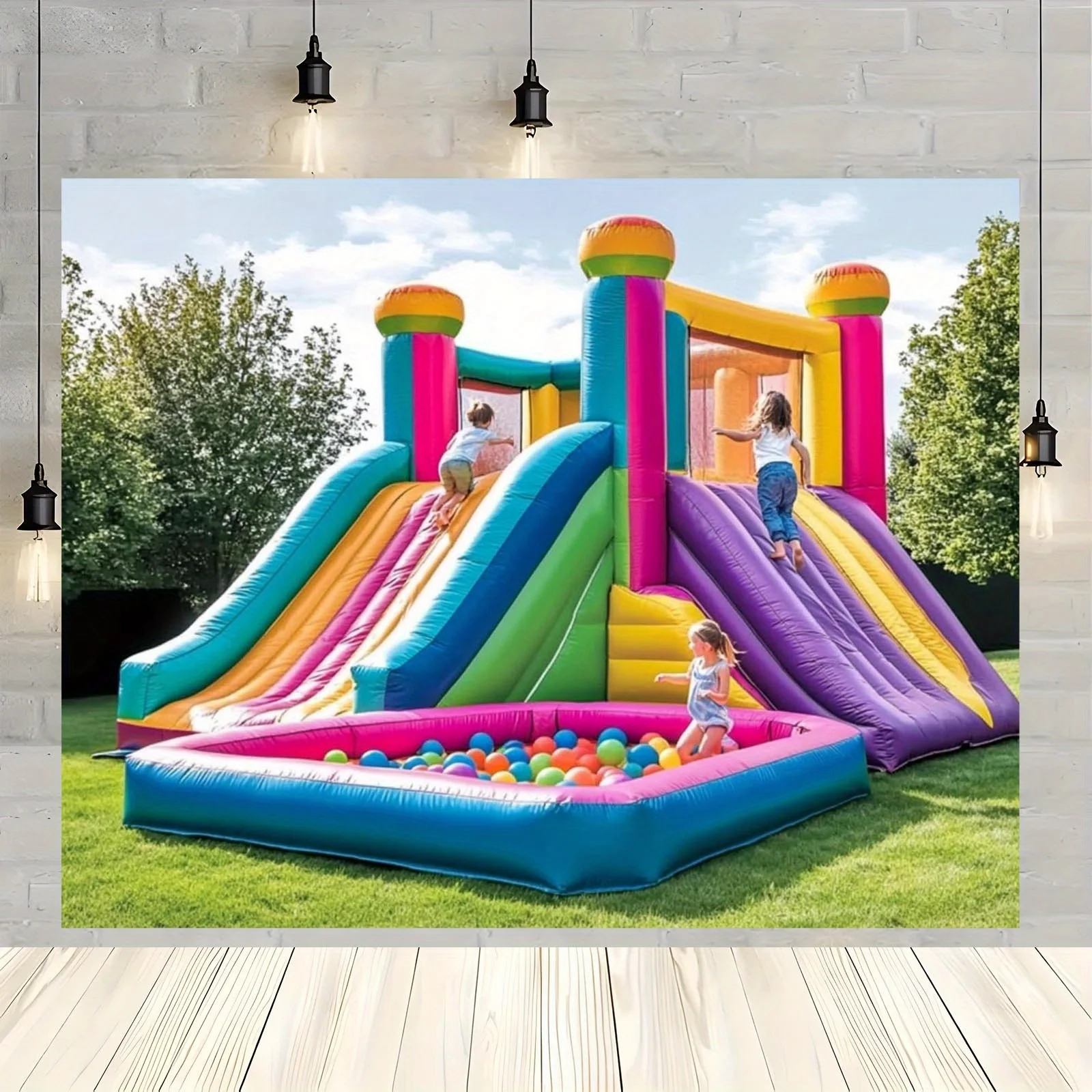 1pc lively inflatable playground trampoline background fabric banner - Colorful slide and ball pool scene, birthday party view 2