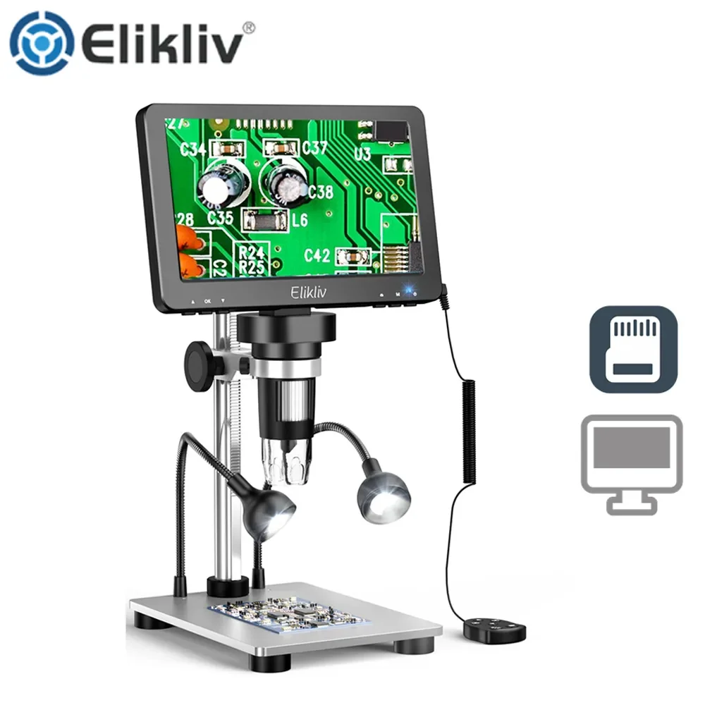 Elikliv EDM9 7 Inch 1080P LCD Digital Microscope 50X-1200X Soldering Electronics Microscopes With LED Lights Support PC Computer