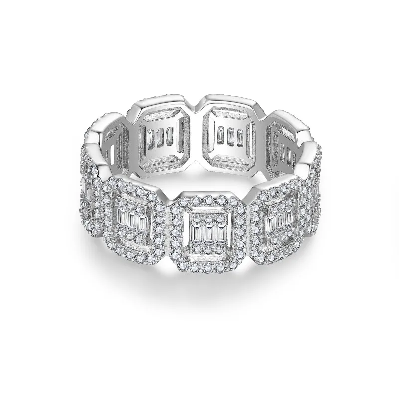 KEEP YES Total 2.6 Carats Full Moissanite Diamond Couple Rings for Men Women Hip-Hop Square Hollow Wide Eternity Band 925 Silver