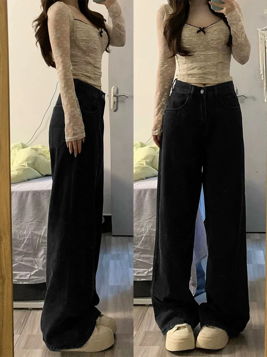 

plus Size High Waist Black Denim Jeans Women Loose Wide Leg Pants Straight Cut Long Trousers Spring Autumn Vintage Style