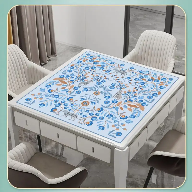 VIKAMA Blue Jungle Leopard Floral Crystal Velvet Mahjong Mat Non Slip Soft Foldable American Mahjong Poker Domino Home Decor