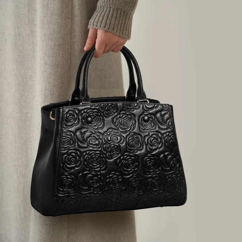 

Leather handbag high sense handbag top layer leather rose pattern slung shoulder bag