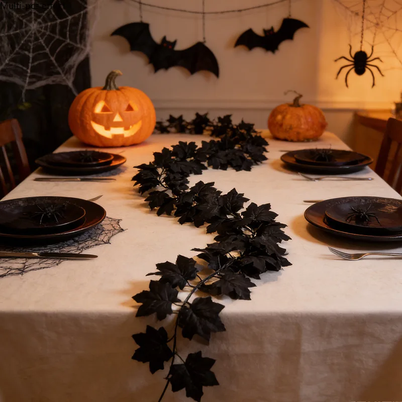 3Pcs Black Maple Leaf Garland - Upgraded Artificial Fall Leaves for Halloween Decor, Perfect for Home Mantle, Stairs