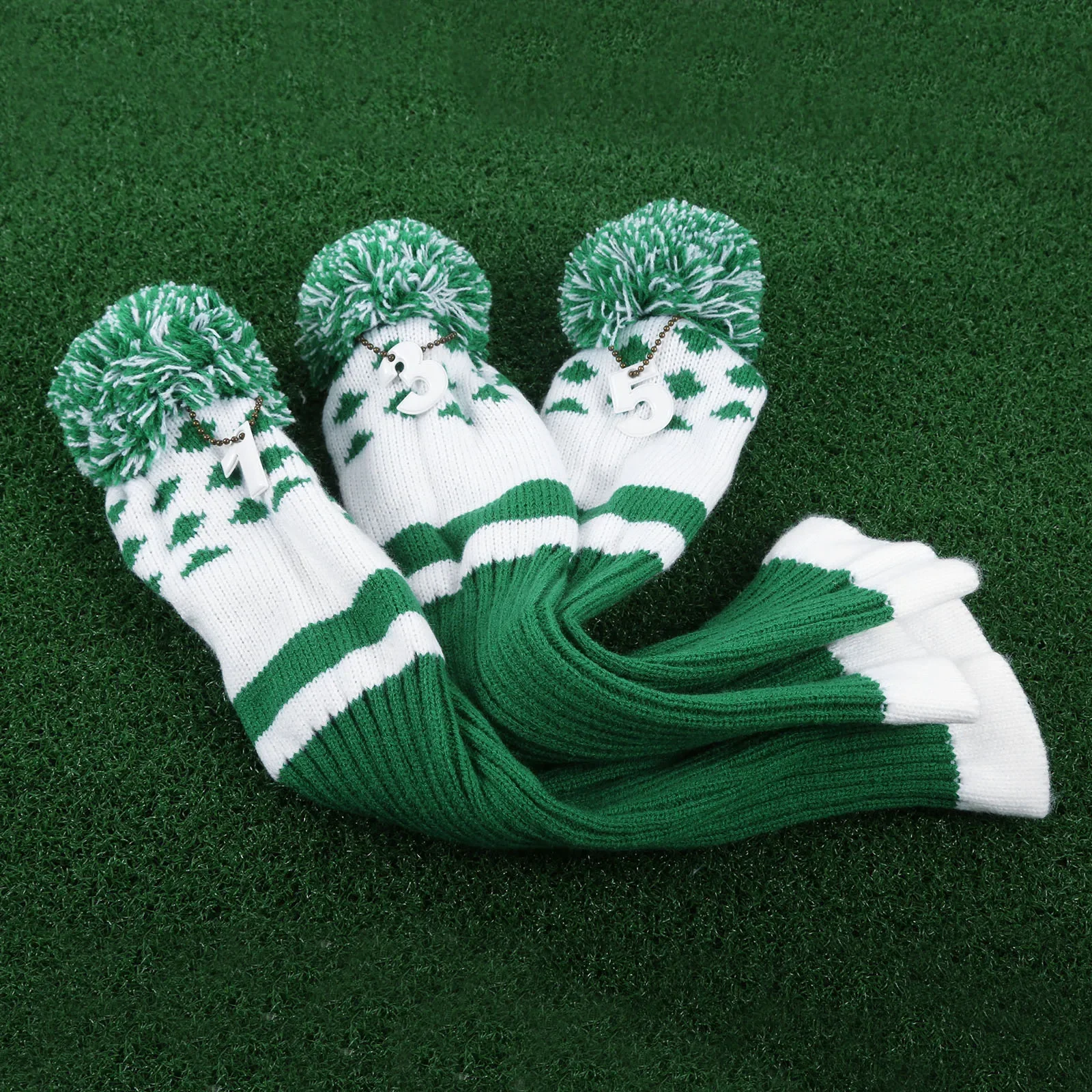 3Pcs/Set Long Neck Sock Golf Club Heads Covers Soft Wool Knitted Golf Headcover Fit for Driver (Up To 460CC) Fairway Hybrid Wood