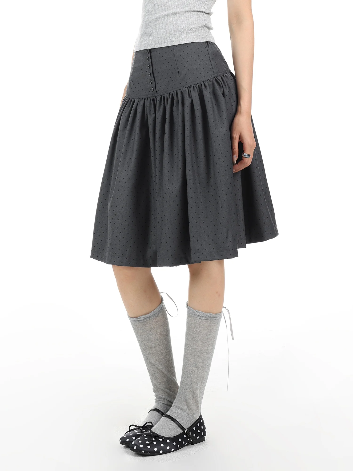 

White Polka Dot A-Line Midi Skirt High Waist Women's Fashion Casual Versatile Short Umbrella Skirt for Petite Ladies