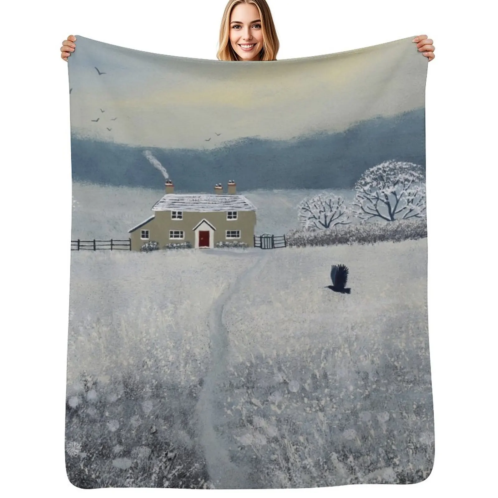 The Path to Winter Cottage Throw Blanket Hairys Furrys Vintage Bed linens Kid'S Comforter Blankets