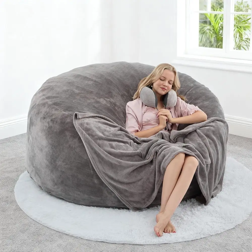 

Large Round Bean Bag Chair - Soft, Washable Cover for Living Room & Bedroom, Grey (55x55x28)