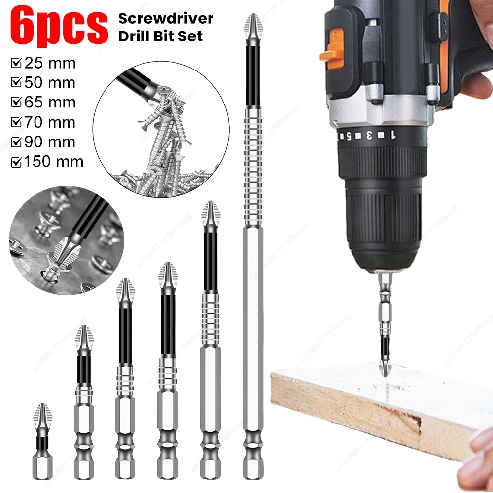 6Pcs High-Magnetic Screwdriver Drill Bit Set Kit Drill Bits Anti-Slip Anti Impact Anti Slip Screwdriver 25 50 65 70 90 150mm
