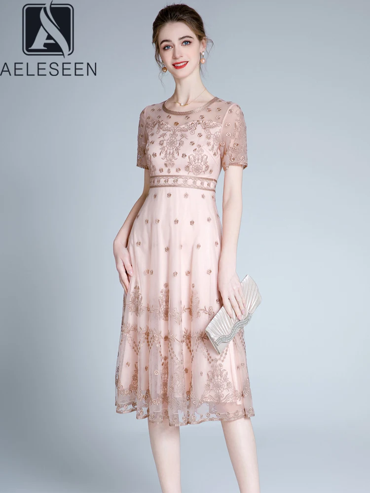 

AELESEEN Designer Fashion Summer Dress Women High Quality Flower Embroidery See-Through Mesh Elegant Party Holiday Vestidos