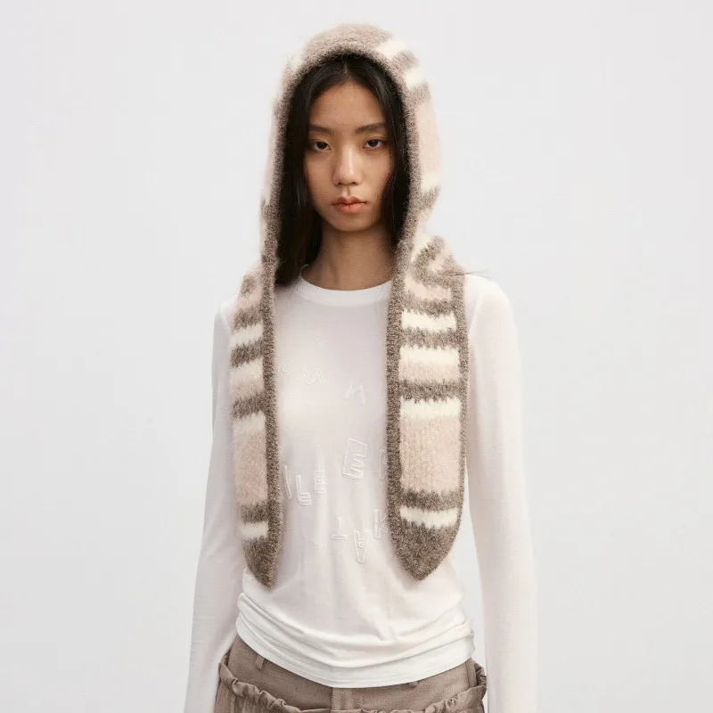 Winter-Wärmeschal mit Ohrenschutz, Nackenwärmer, einteilige Balaclava-Mütze, farblich abgesetzte gestreifte Pullover-Strickmütze für Damen. – Detail 3