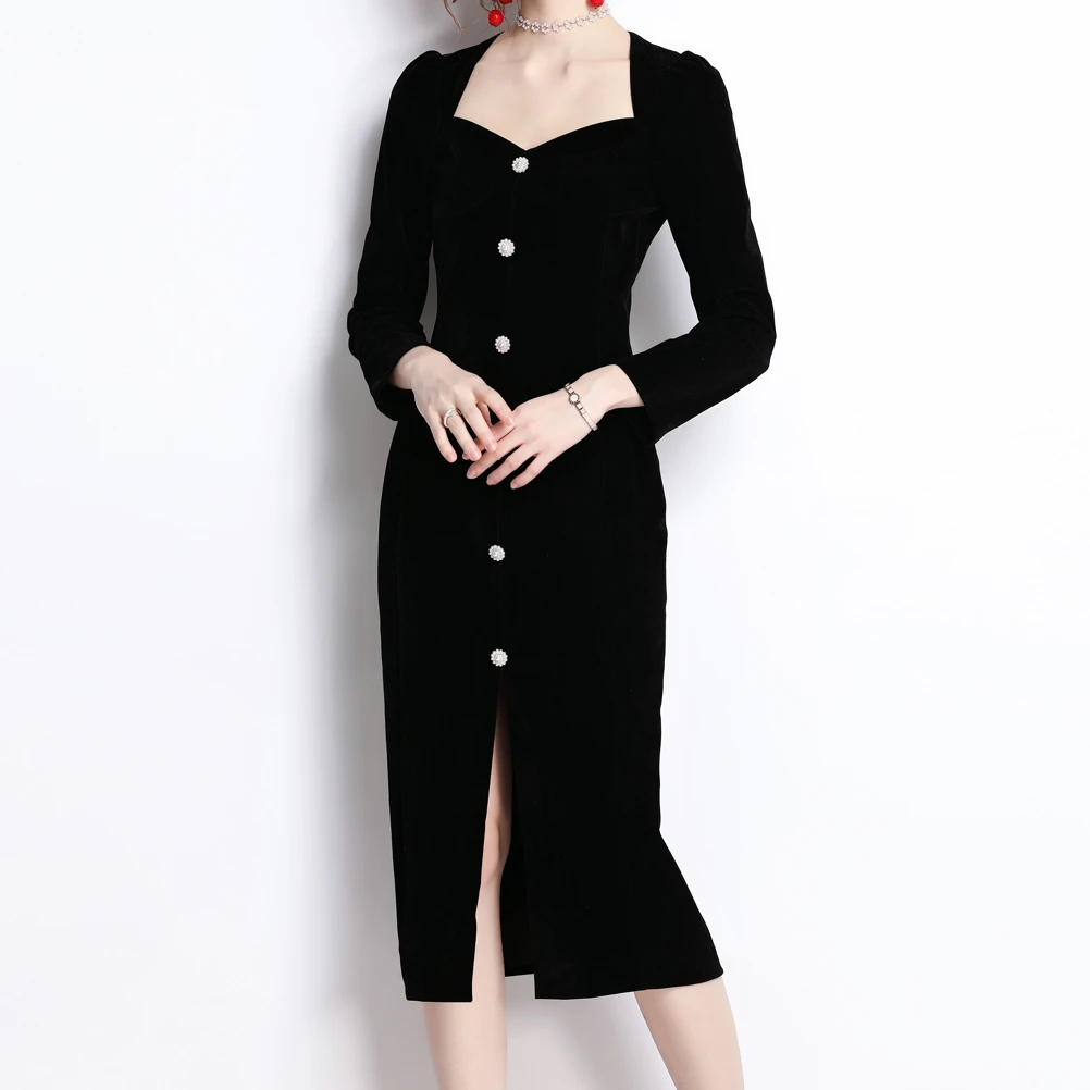 

Black Velvet Dress Women Square Neck Single-breasted Elegant Bodycon Dress Long-sleeve High Waisted Vestido Ladies