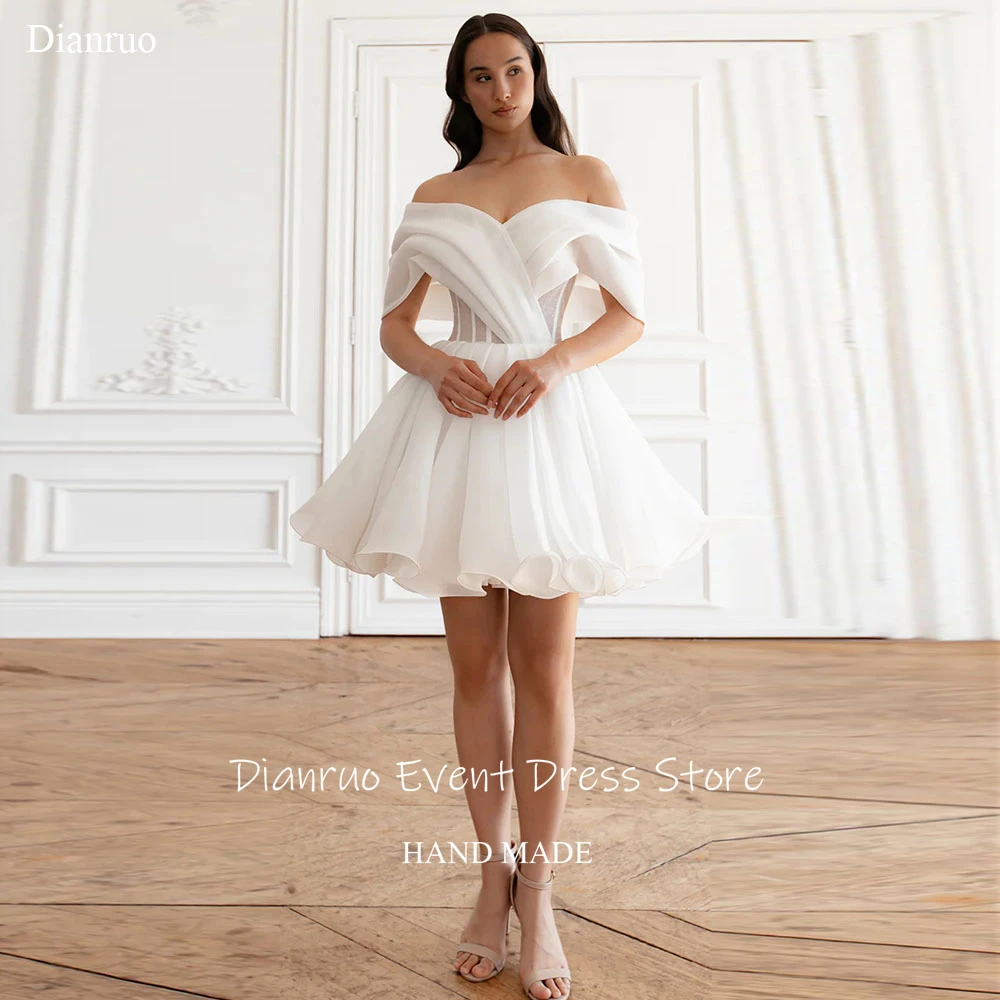 Dianruo Bow Belt Wedding Dresses Short Length A Line Vestido Noiva Princesa Brilhoso Off Shoulder Robes De Mariée Customized