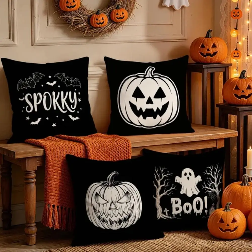 Black and White Minimalist Halloween Throw Pillow Covers Set of 4, Decorative Cushion Cases for Sofa Couch Bed Home Decor