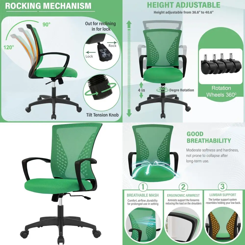 

Эргономичное офисное кресло с поворотным механизмом и поясничной поддержкой для дома, учебы и игр - зеленое