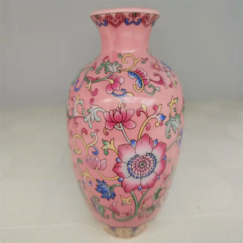 

Chinese Old Porcelain Vase pink Enamel with Entangled Lotus Pattern Traditional Decorative Artwork
